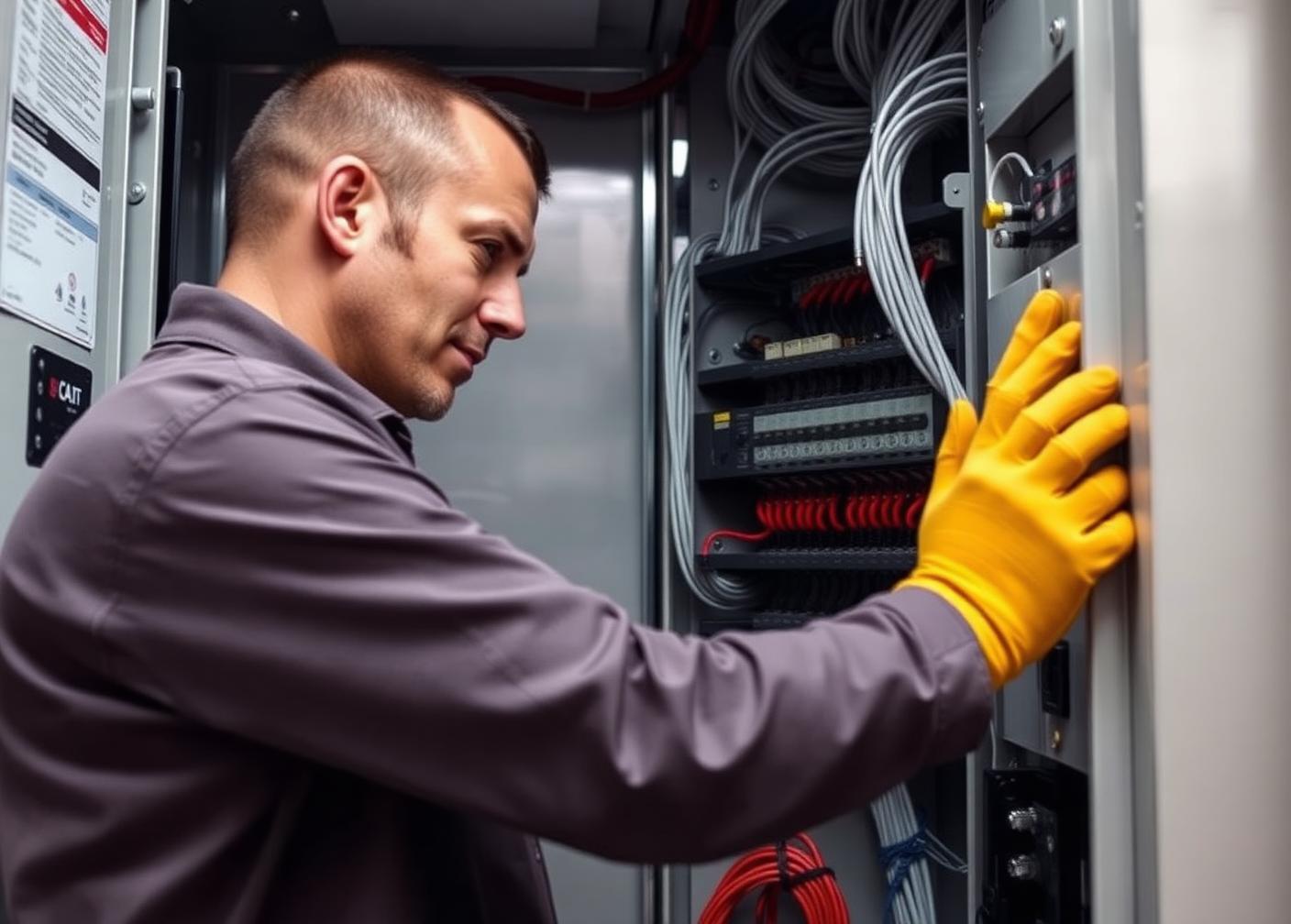 Elektromonteur werkt in een schakelkast