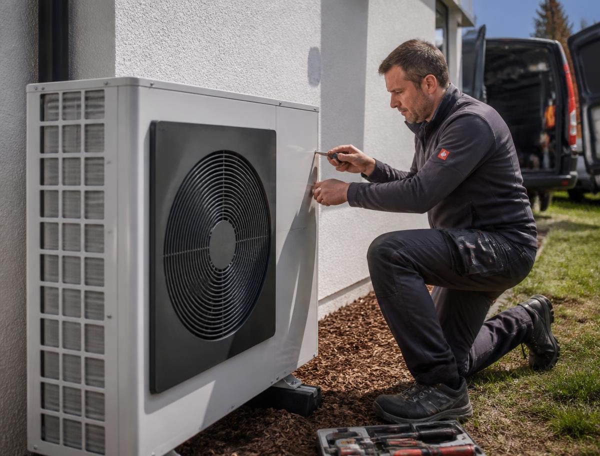 Installatiemonteur plaatst een warmtepomp bij een woning