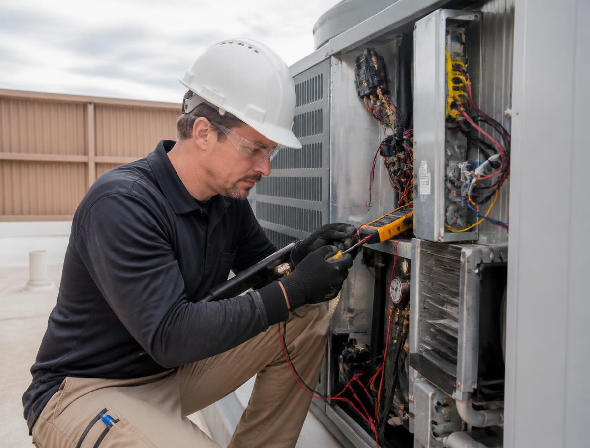 Servicetechnicus werkt aan een koelunit op een dak